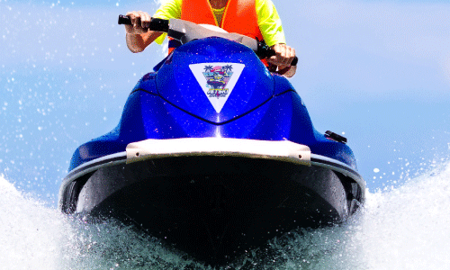 Triangle custom decal on the front of a blue jet ski